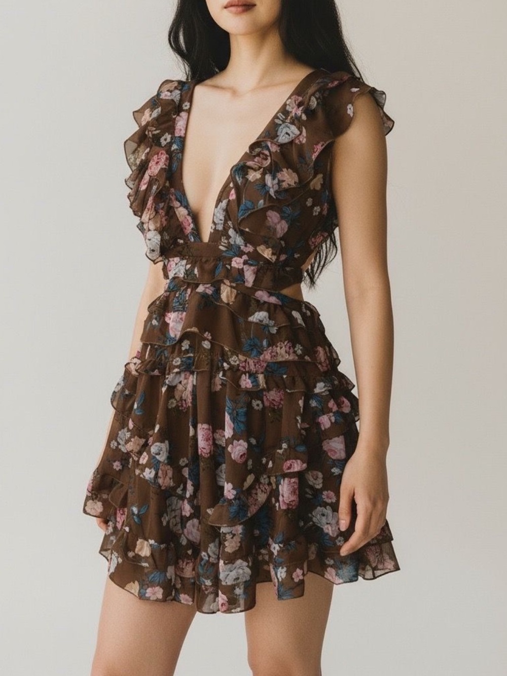Brown Floral Ruffle Lace-Up Mini Dress – NWOT– Small